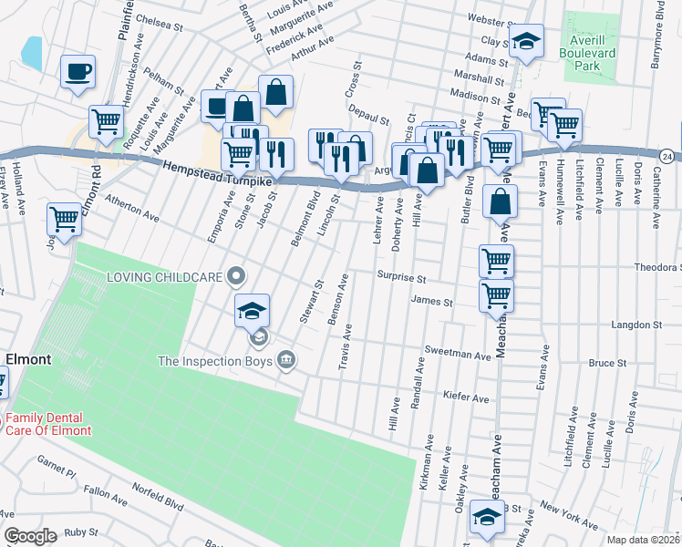 map of restaurants, bars, coffee shops, grocery stores, and more near 176 Benson Avenue in Elmont