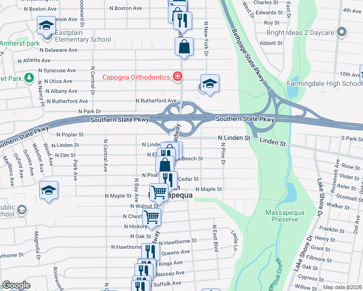 map of restaurants, bars, coffee shops, grocery stores, and more near 115 North Elm Street in Massapequa