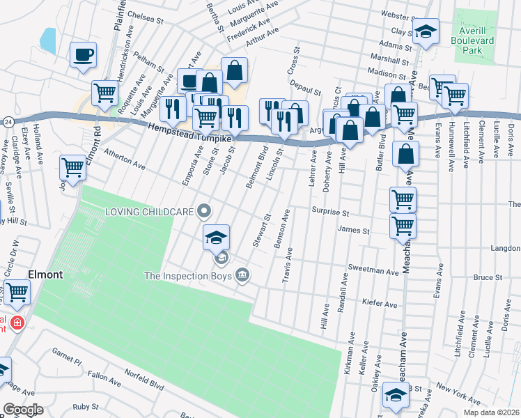 map of restaurants, bars, coffee shops, grocery stores, and more near 117 Lincoln Street in Elmont