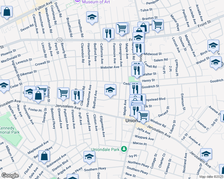 map of restaurants, bars, coffee shops, grocery stores, and more near 469 Fenimore Avenue in Uniondale