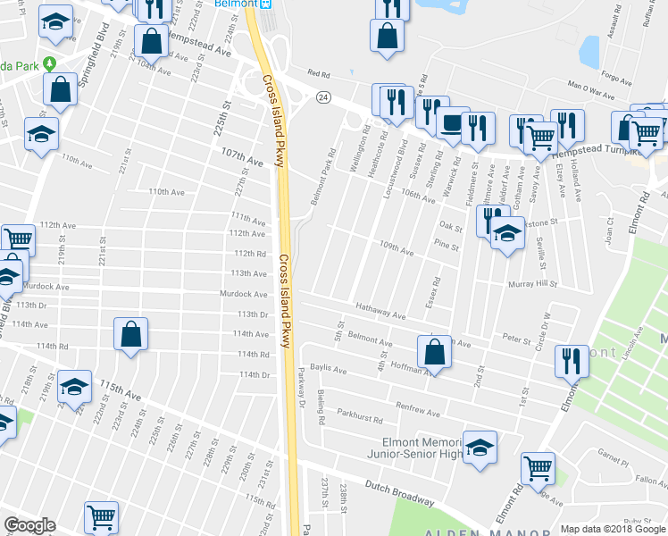 map of restaurants, bars, coffee shops, grocery stores, and more near 181 Heathcote Road in Elmont