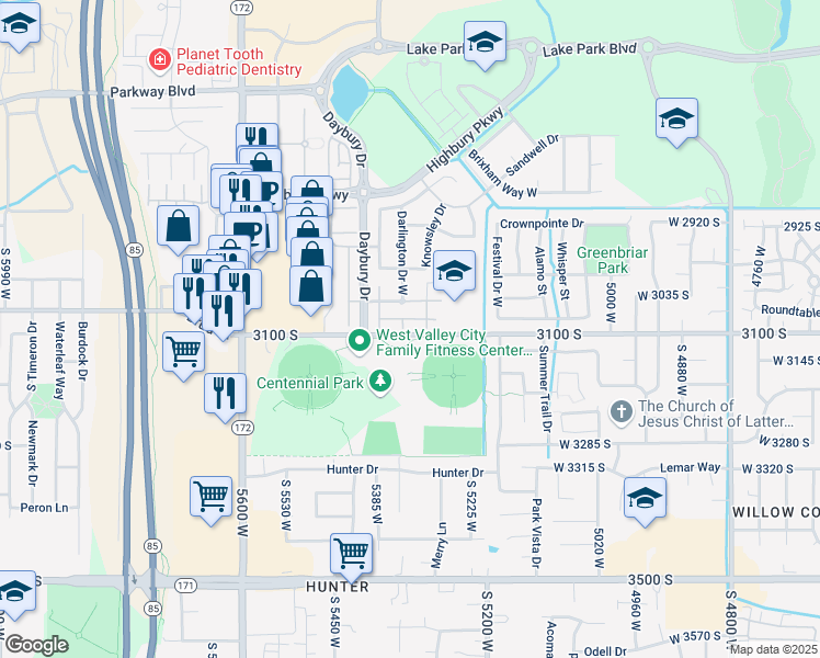 map of restaurants, bars, coffee shops, grocery stores, and more near 3091 Islington Lane in West Valley City