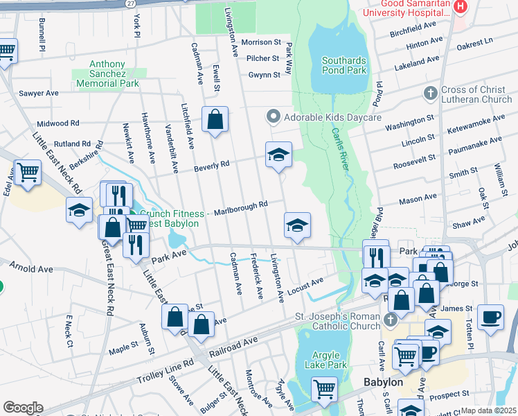 map of restaurants, bars, coffee shops, grocery stores, and more near 20 Marlborough Road in Babylon