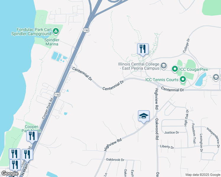 map of restaurants, bars, coffee shops, grocery stores, and more near 447 Centennial Drive in East Peoria