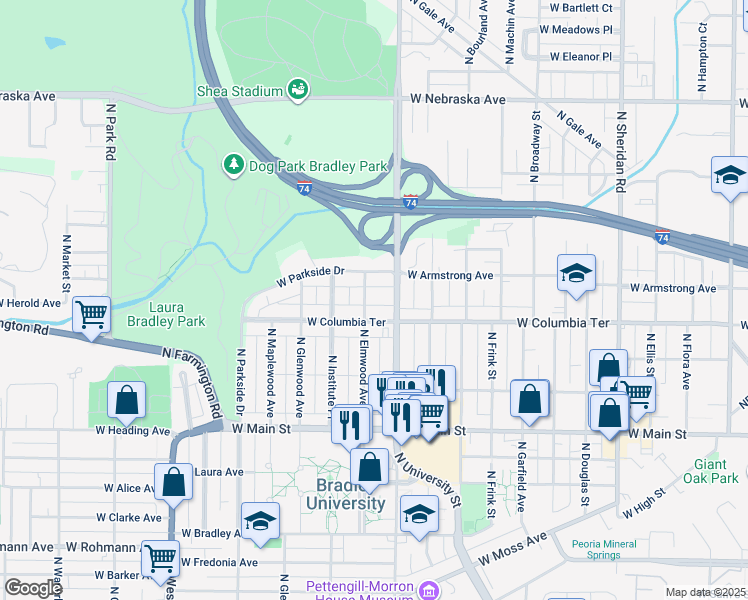 map of restaurants, bars, coffee shops, grocery stores, and more near 1312 N Elmwood Ave in Peoria