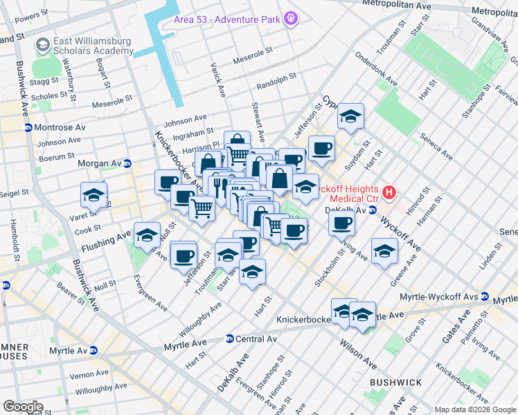 map of restaurants, bars, coffee shops, grocery stores, and more near 272 1/2 Jefferson Street in Brooklyn
