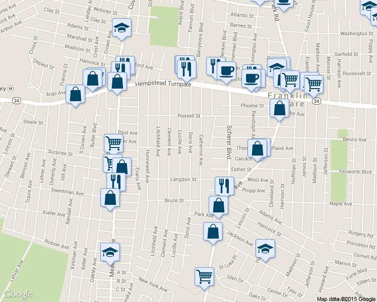 map of restaurants, bars, coffee shops, grocery stores, and more near 148 Doris Ave in Franklin Square