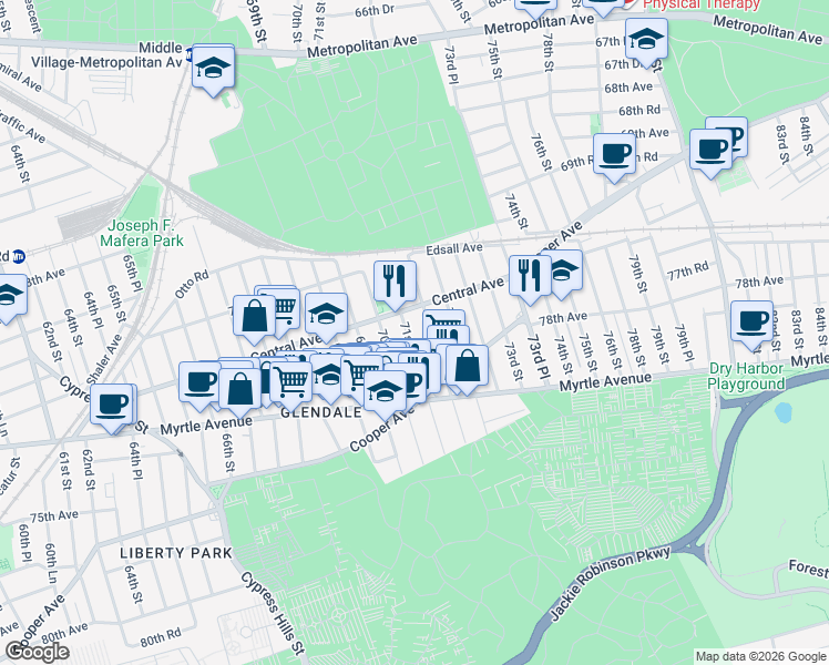 map of restaurants, bars, coffee shops, grocery stores, and more near 71-20 71st Street in Queens