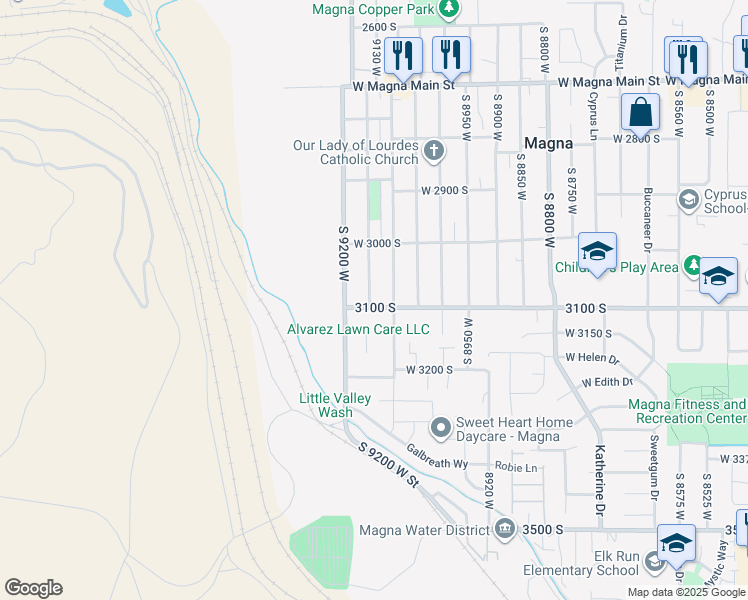 map of restaurants, bars, coffee shops, grocery stores, and more near 3087 South 9150 West in Magna