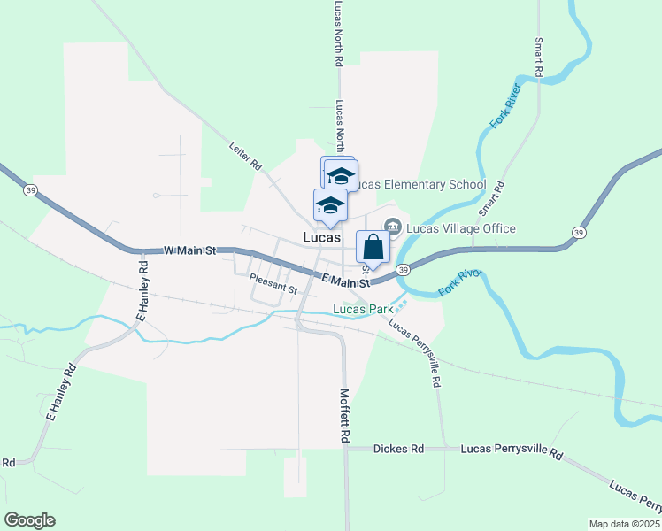 map of restaurants, bars, coffee shops, grocery stores, and more near 19 W Main St in Lucas