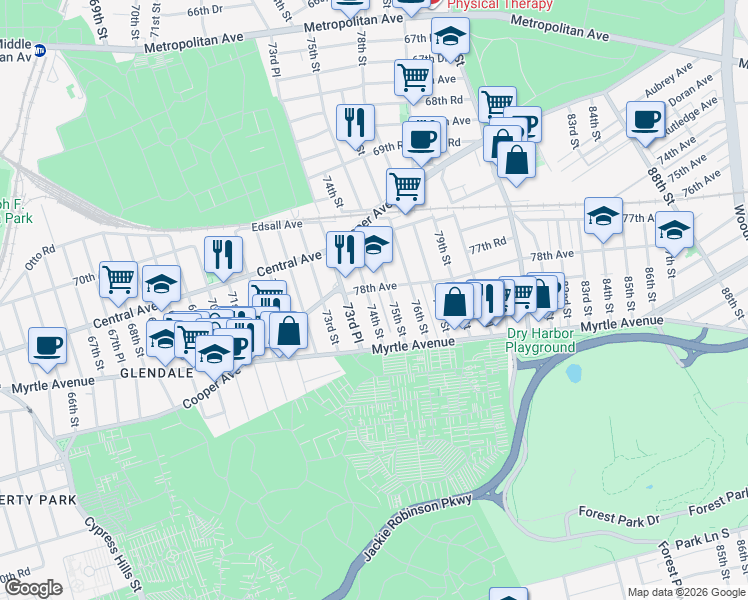 map of restaurants, bars, coffee shops, grocery stores, and more near 78-13 74th Street in Queens