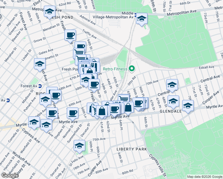map of restaurants, bars, coffee shops, grocery stores, and more near 69-20 64th Place in Queens