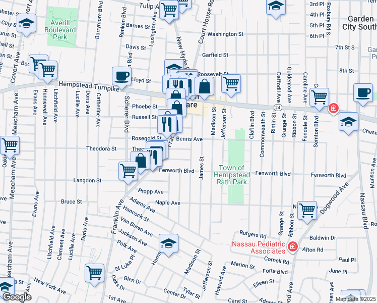 map of restaurants, bars, coffee shops, grocery stores, and more near 947 Plane Avenue in Franklin Square