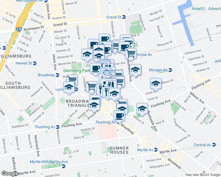 map of restaurants, bars, coffee shops, grocery stores, and more near 84 Graham Avenue in Brooklyn