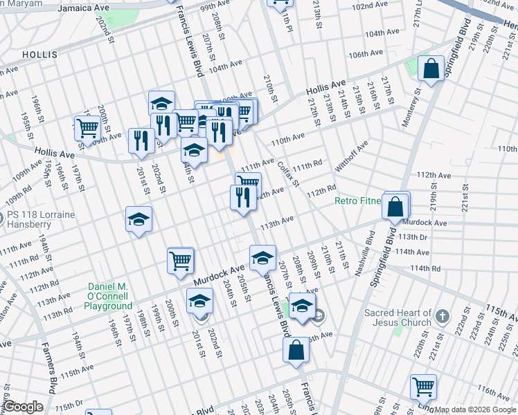 map of restaurants, bars, coffee shops, grocery stores, and more near 112-14 207th Street in Queens