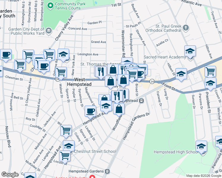 map of restaurants, bars, coffee shops, grocery stores, and more near 27 Morton Avenue in West Hempstead