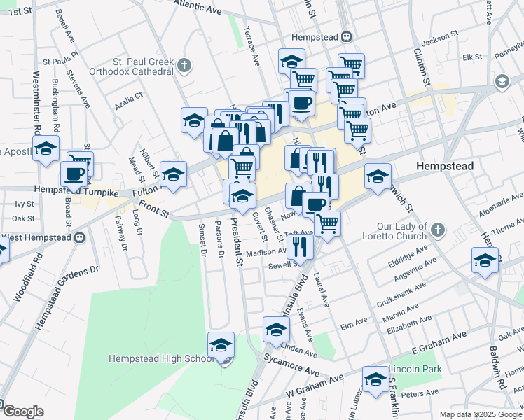 map of restaurants, bars, coffee shops, grocery stores, and more near 3 Covert Street in Hempstead