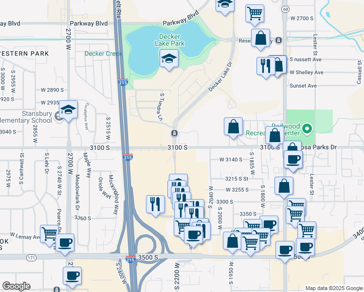 map of restaurants, bars, coffee shops, grocery stores, and more near 2186 3100 South in West Valley City