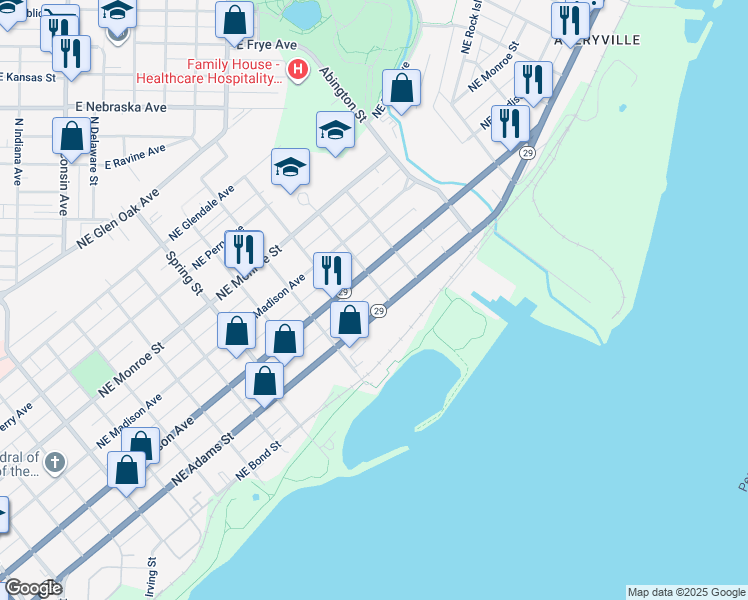 map of restaurants, bars, coffee shops, grocery stores, and more near 1625 Northeast Adams Street in Peoria