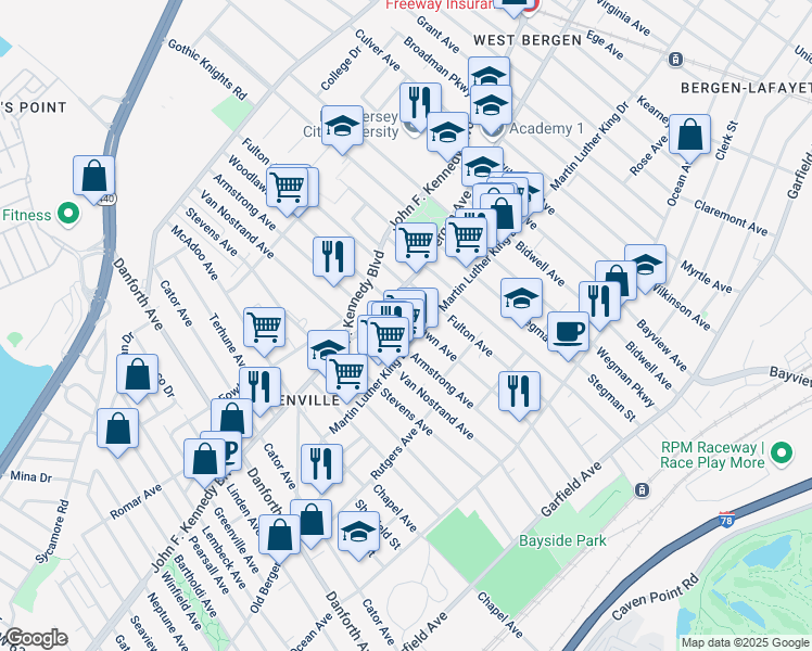 map of restaurants, bars, coffee shops, grocery stores, and more near 189 Woodlawn Avenue in Jersey City