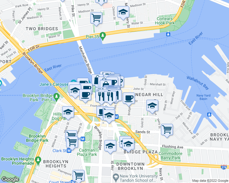 map of restaurants, bars, coffee shops, grocery stores, and more near 20 Jay Street in Brooklyn