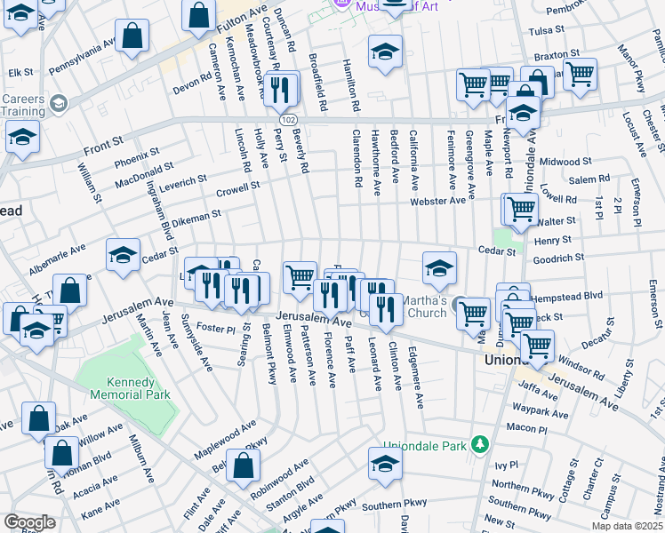 map of restaurants, bars, coffee shops, grocery stores, and more near 157 Rutland Road in Hempstead