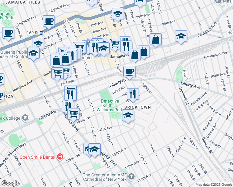 map of restaurants, bars, coffee shops, grocery stores, and more near 173-32 103rd Road in Queens