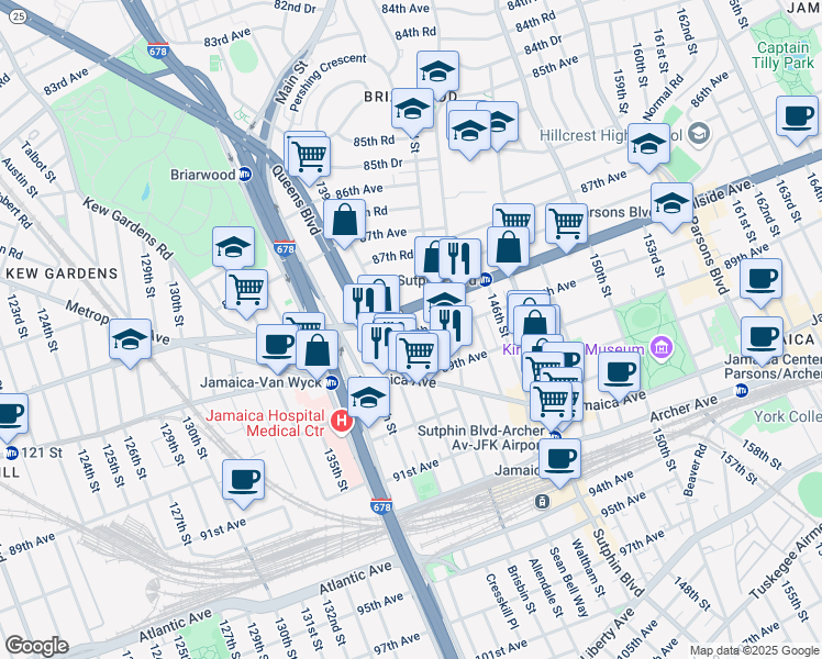 map of restaurants, bars, coffee shops, grocery stores, and more near 139-09 88th Avenue in Queens