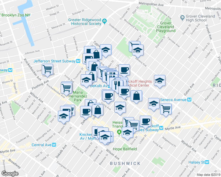 map of restaurants, bars, coffee shops, grocery stores, and more near 100 Wyckoff Avenue in Brooklyn