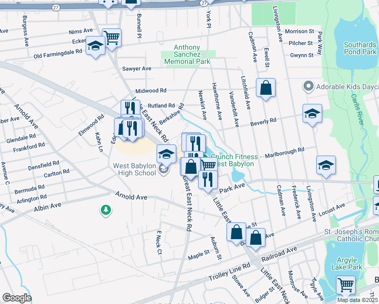 map of restaurants, bars, coffee shops, grocery stores, and more near 11 Millard Avenue in West Babylon