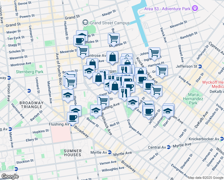 map of restaurants, bars, coffee shops, grocery stores, and more near 225 Varet Street in Brooklyn