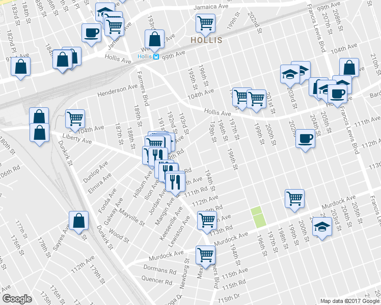 map of restaurants, bars, coffee shops, grocery stores, and more near 109-11 192nd Street in Queens