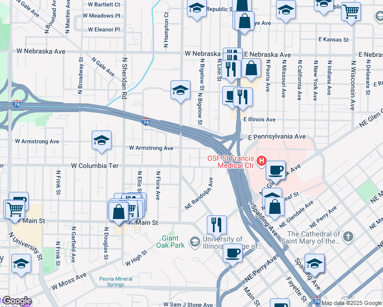 map of restaurants, bars, coffee shops, grocery stores, and more near 306 West Armstrong Avenue in Peoria