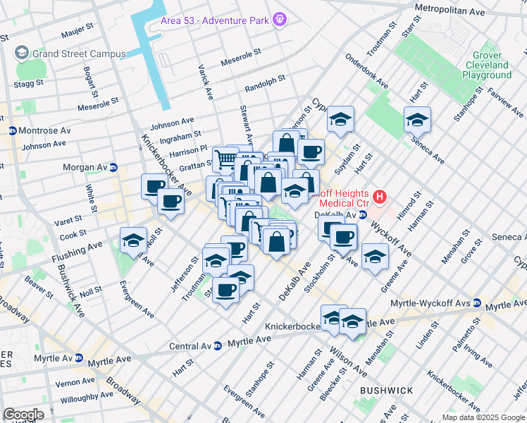 map of restaurants, bars, coffee shops, grocery stores, and more near 163 Starr Street in Brooklyn
