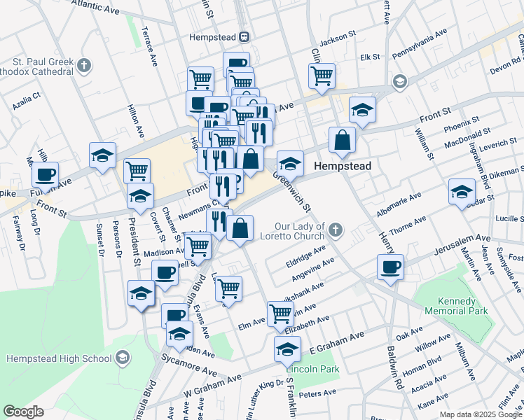 map of restaurants, bars, coffee shops, grocery stores, and more near 285 Peninsula Boulevard in Hempstead