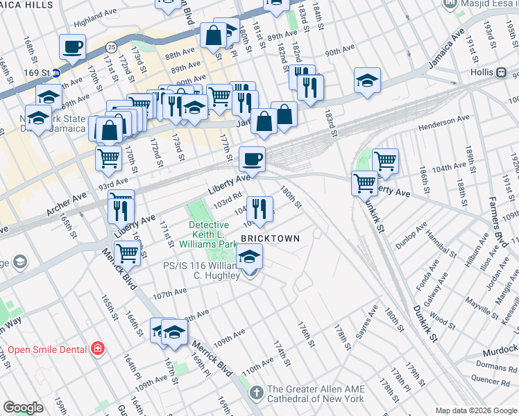 map of restaurants, bars, coffee shops, grocery stores, and more near 104-02 177th Street in Queens