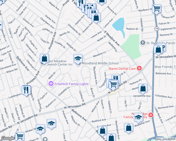 map of restaurants, bars, coffee shops, grocery stores, and more near 708 Morris Court in East Meadow