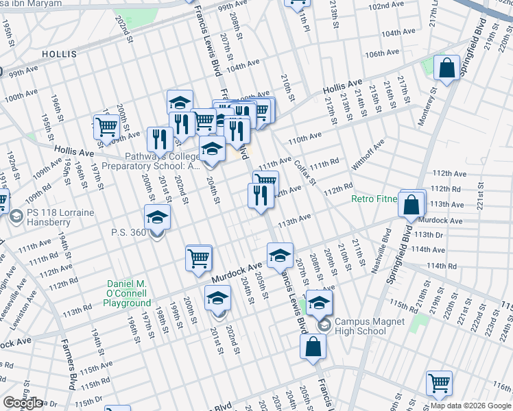 map of restaurants, bars, coffee shops, grocery stores, and more near 205-24 112th Avenue in Queens