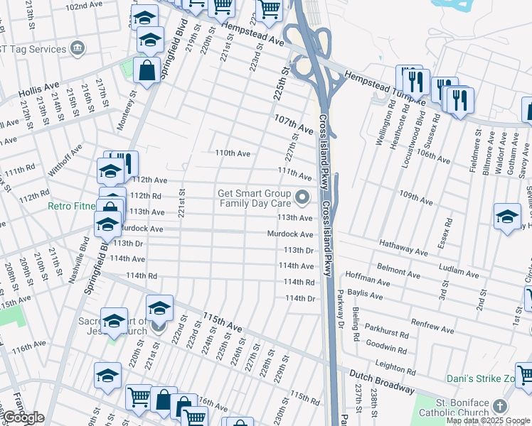 map of restaurants, bars, coffee shops, grocery stores, and more near 225-33 113th Avenue in Queens