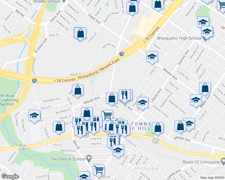 map of restaurants, bars, coffee shops, grocery stores, and more near 1407 Chestnut Avenue in Hillside