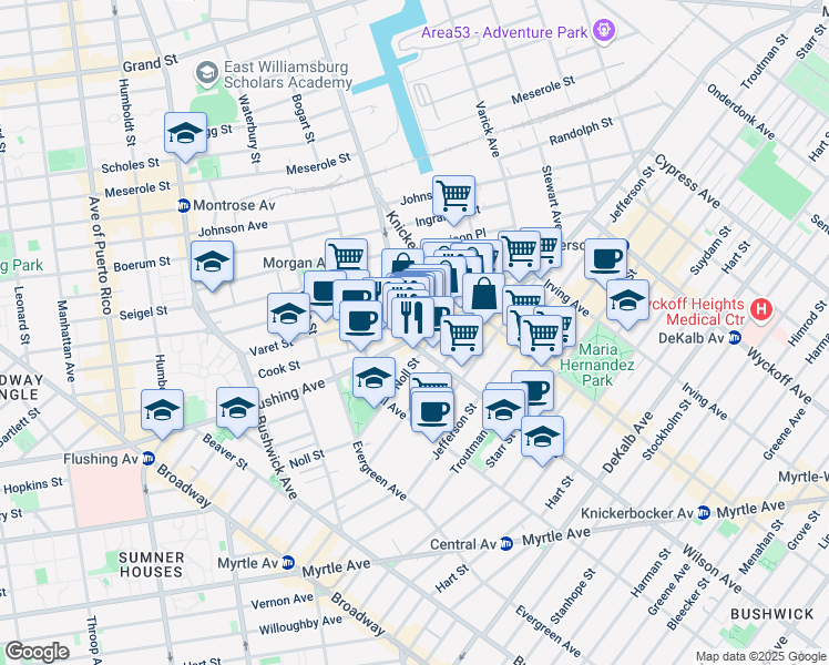 map of restaurants, bars, coffee shops, grocery stores, and more near 1035 Flushing Avenue in Brooklyn