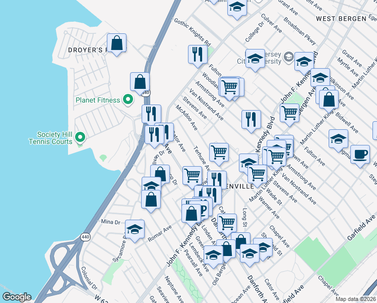 map of restaurants, bars, coffee shops, grocery stores, and more near 95 Terhune Avenue in Jersey City