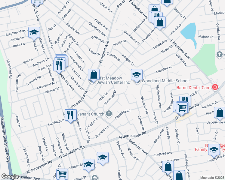 map of restaurants, bars, coffee shops, grocery stores, and more near 1545 Sherwood Drive in East Meadow