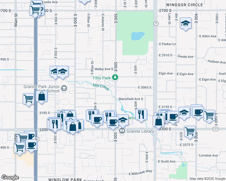 map of restaurants, bars, coffee shops, grocery stores, and more near 3080 500 East in South Salt Lake