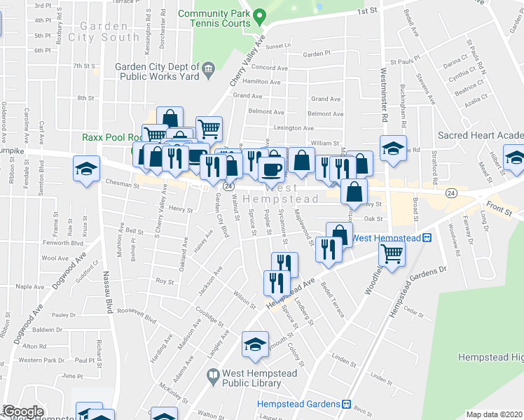 map of restaurants, bars, coffee shops, grocery stores, and more near 34 Poplar Street in West Hempstead