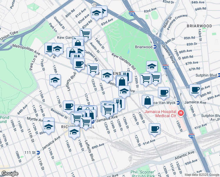 map of restaurants, bars, coffee shops, grocery stores, and more near 85-08 125th Street in Queens