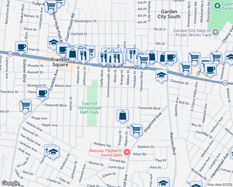 map of restaurants, bars, coffee shops, grocery stores, and more near 144 Grange Street in Franklin Square