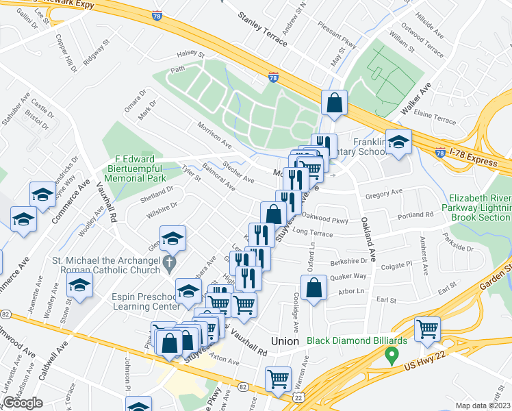 map of restaurants, bars, coffee shops, grocery stores, and more near 2050 Balmoral Avenue in Union