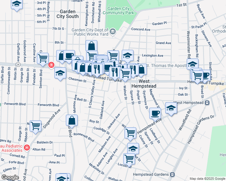 map of restaurants, bars, coffee shops, grocery stores, and more near 402 Hempstead Drive in West Hempstead