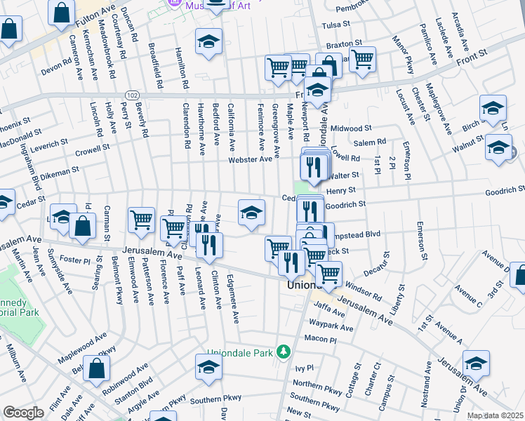map of restaurants, bars, coffee shops, grocery stores, and more near 469 Fenimore Avenue in Uniondale